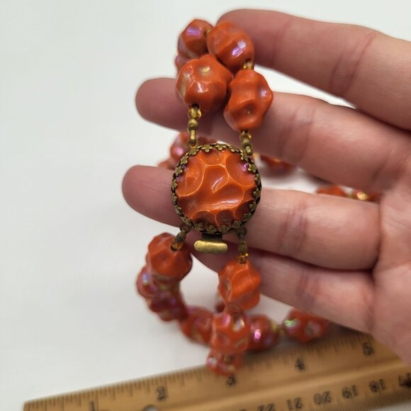 Vintage Austria Iridescent Molded Lumpy Coral Color Bead Necklace - Picture 9 of 12